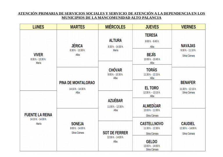 Horario de los Servicios Sociales